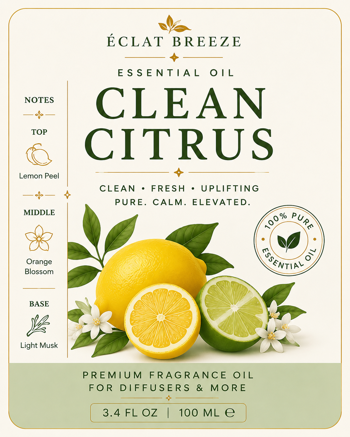 3.4oz Clean Citrus Essential oil for Diffusers and more